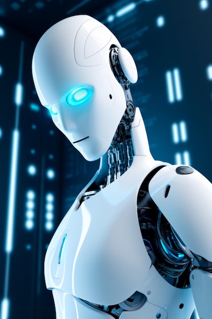Robot that is standing in front of building with blue light on it's face Generative AI