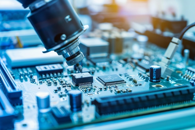 Robotic arm assembling electronics on a factory line