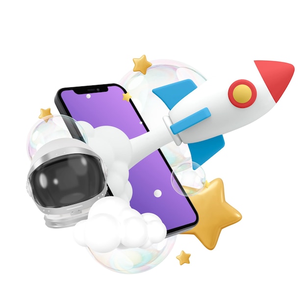 Rocket launching png out of phone 3D space travel remix transparent background