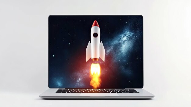 Rocket on Laptop Screen with Transparent Background Visual of Rocket on Laptop Screen Featuring Transparent Background for Versatile Design Use