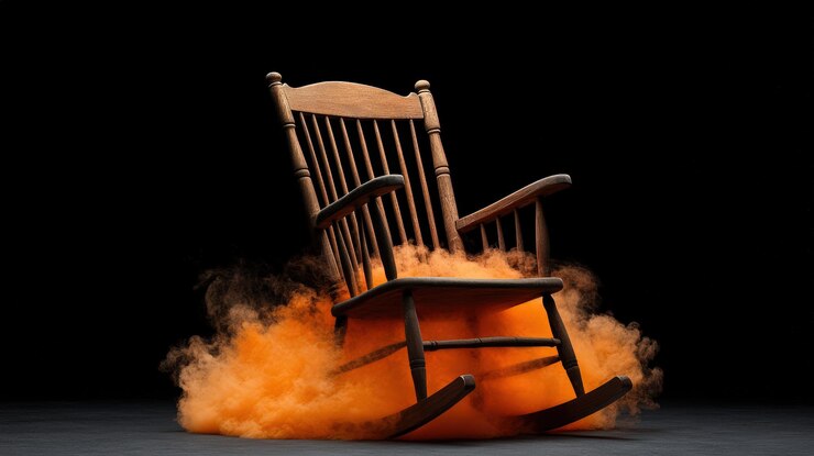 Rocking chair with orange smoke in a dramatic scene isolated on black background
