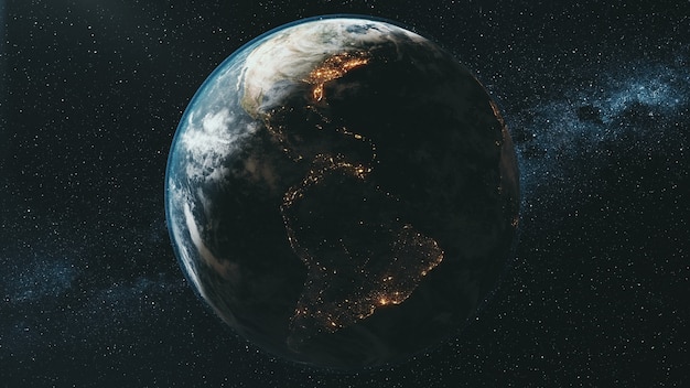 rotating planet earth lit by bright sun in dark outer space against milky way zoom out. 3d render animation. science and technology concept. elements of this media furnished by nasa