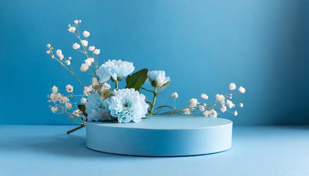 Round podium with flowers on blue background for beauty product placement advertising Copy space