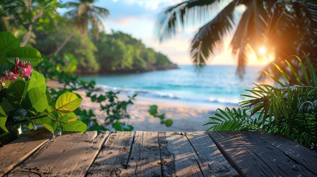 Rustic Wood Table with Stunning Beach Backdrop Product Display Generative AI