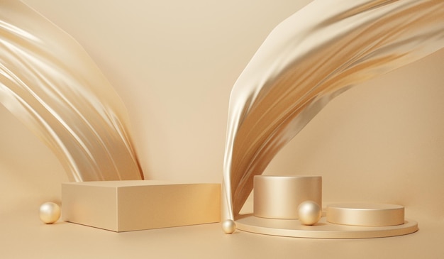 scene fabric flutter gold color product background with geometric shapes pedestal show platform cosmetic presentation stand promotion showcase 3d rendering