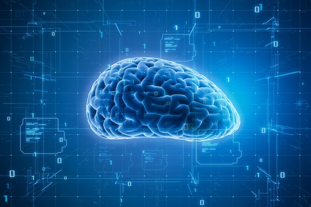 Science research artificial intelligence and technology digital interface concept with blue glowing human brain layout on dark cyberspace matrix background with 3D rendering