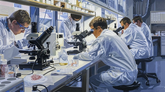 Scientists in a welllit laboratory meticulously examining cellular structures under highpowered m