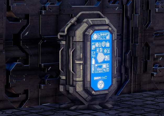 scifi futuristic data terminal blue luminous display with graph