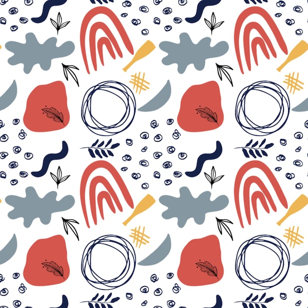 Seamless abstract pattern featuring bold and colorful shapes on a white background