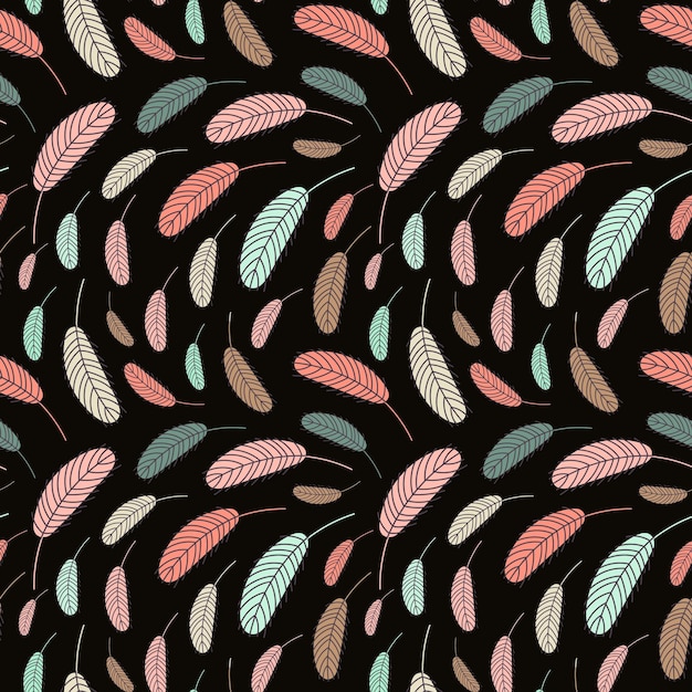Seamless pattern with multicolored feathers on a black background