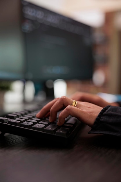 security application engineer encrypting vital company information on blockchain system. neural network programmer hand developing artificial intelligence data processor. close up.