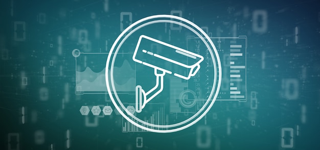 Security camera system icon and statistics data - 3d rendering