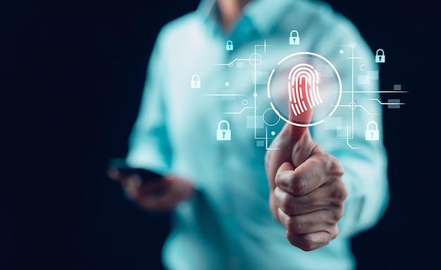 Security password login online concept businessman using finger scan and entering username and password of social media log in with smartphone to an online bank account data protection from hacker