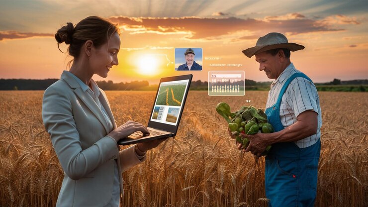 Senior farmer and woman farmer Farmer and businessman talking working in wheat field making deal