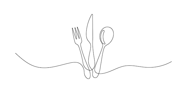 set in continuous line drawing style of spoon fork steak knife line art decorative healthy food