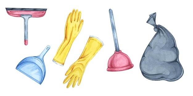 Set of cleaning tools and trash bag Yellow rubber gloves dustpan plunger and window squeegee Cartoon style watercolor illustration