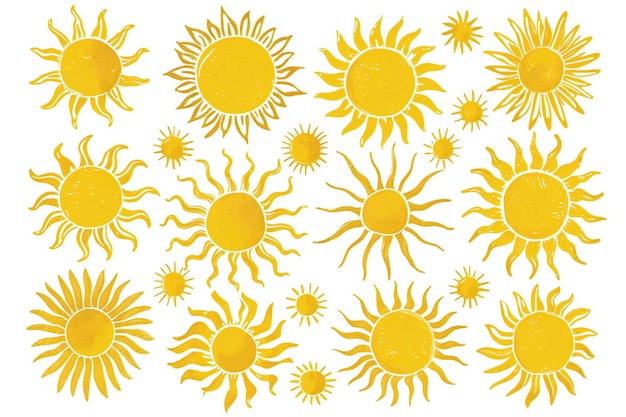 Set of hand drawn suns isolated on white background