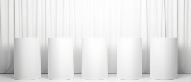 Set of white cylinder pedestal podium on white table