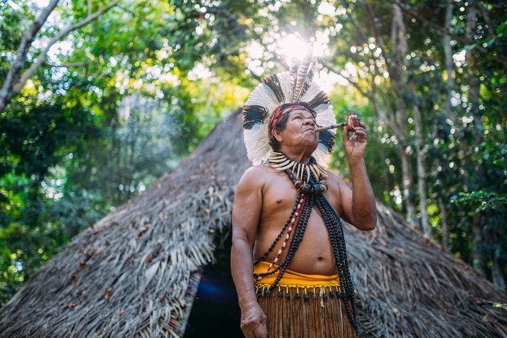 Fotoğraf shaman of the pataxã³ tribe, wearing feather headdress and smoking a pipe