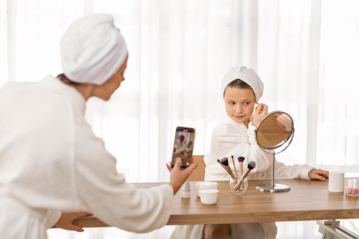 Fotoğraf sharenting concept mom recording video of her little daughter doing first makeup