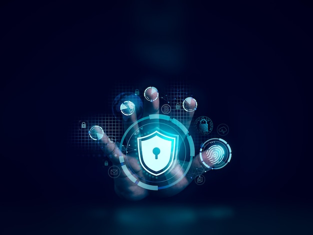 shield lock button and personal information finance mail phone icons on hand while scanning by five fingers to access cyber security data protection and business privacy technology concept
