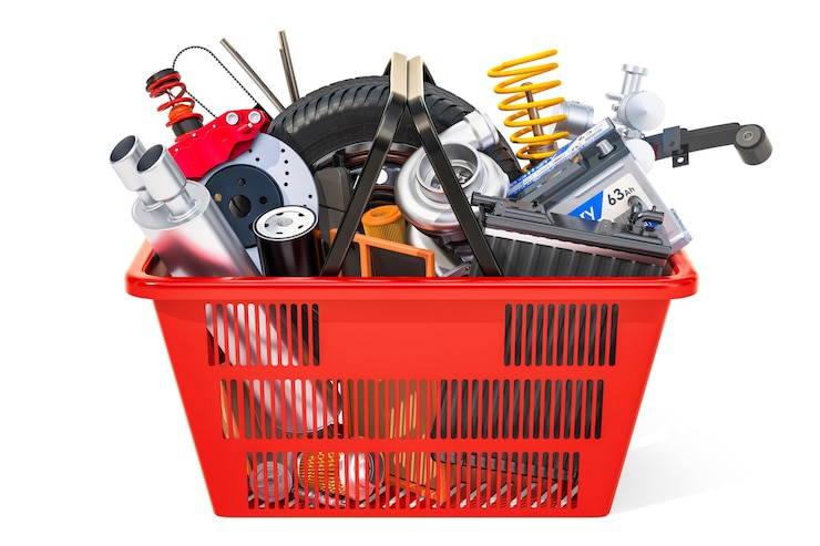 Fotoğraf shopping basket with car parts 3d rendering