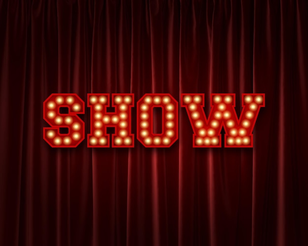 Show lightbulb lettering word against a red theatre curtain 3D Rendering