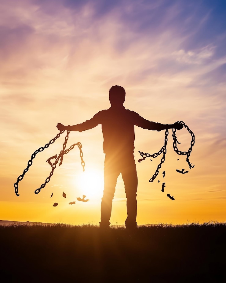 Fotoğraf silhouette of man breaking chains at dawn