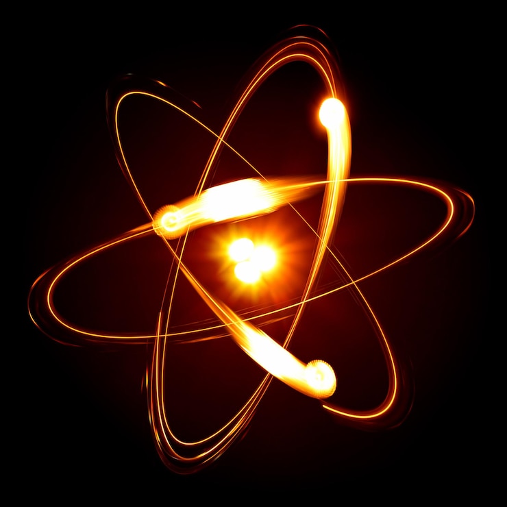 Fotoğraf siyah arka plan üzerinde atom sembolü