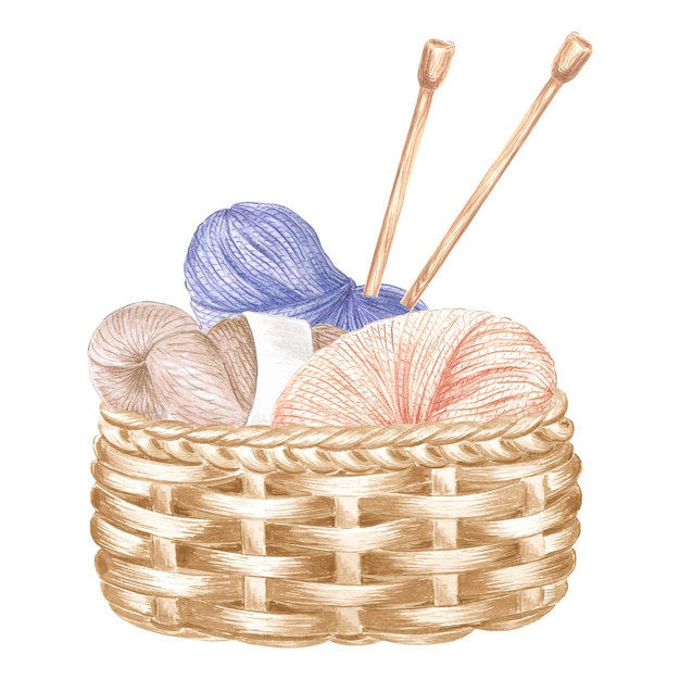 Skeins of yarn and tangles of threads in basket wooden knitting needles watercolor template