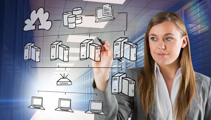 Fotoğraf smiling businesswoman writing with pen against server room with towers