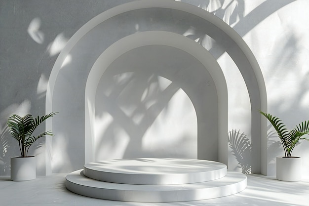 Snapshot white podium for product presentation minimalist geometric shape arches and shadows