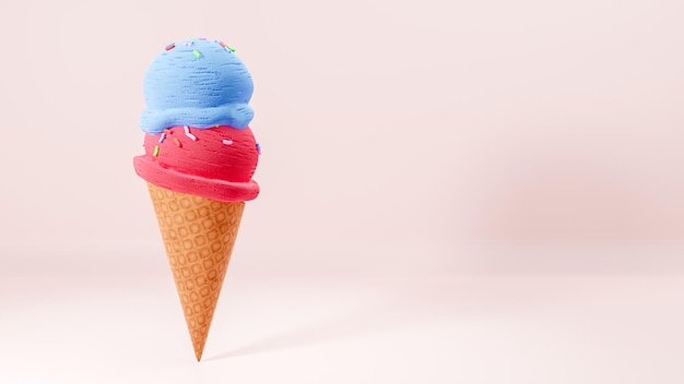 soft ice cream waffle cone on pink background soft serve ice cream sundae swirl in wafer cone or machine vanilla ice cream two ball frozen dessert 3d illustration