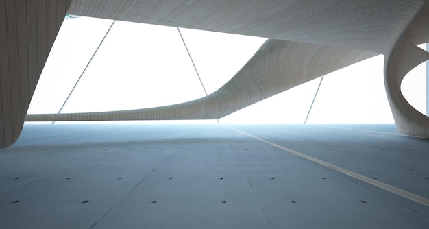Soyut beton ve ahşap iç mekan, pencereli çok katmanlı kamusal alan, 3D render çizimi ve görselleştirme