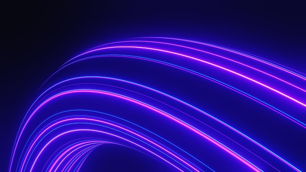 Soyut neon parlayan ışık arka planı. Karanlık sahnede hızla yayılan ışık. 3D render
