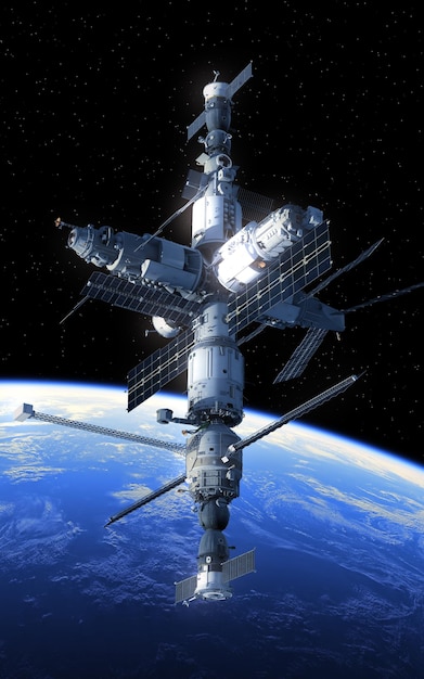 Space Station Orbiting Blue Planet 3D Illustration