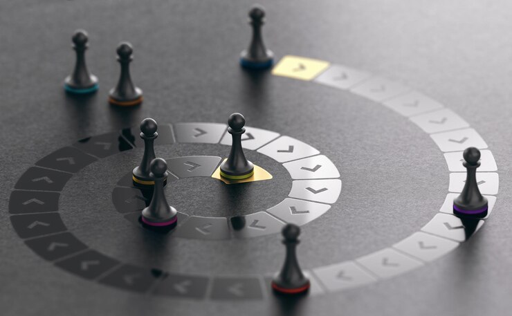 Spiral bir yolda piyonların 3D illüstrasyonu. Kariyer geliştirme veya ilerleme konsepti. Siyah arka plan üzerinde 3D illüstrasyonu.