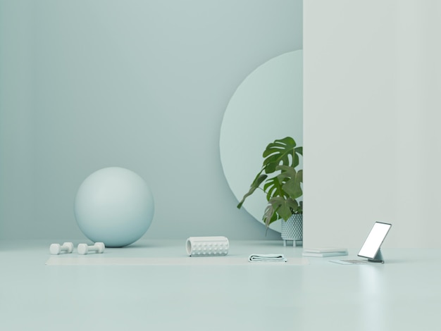Sport fitness equipment yoga plant pot laptop on pastel blue green background Trendy 3d render