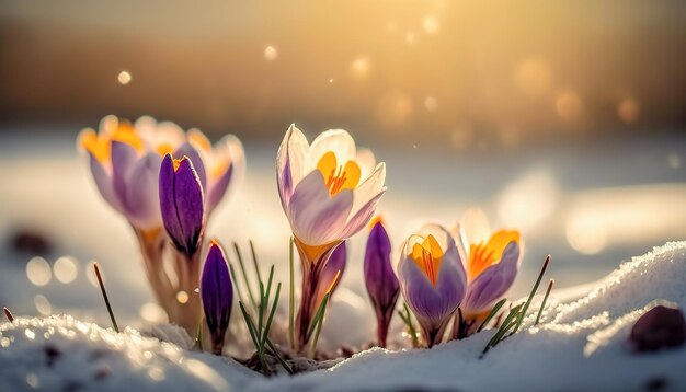 Spring Flowers Colorful Crocus Blossoms On Melt Snow With Defocused Sunlight The End Of Winter Springtime Generative AI