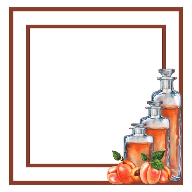 Square orange fruit frame of apricots vintage glass bottles with brown liquid watercolor