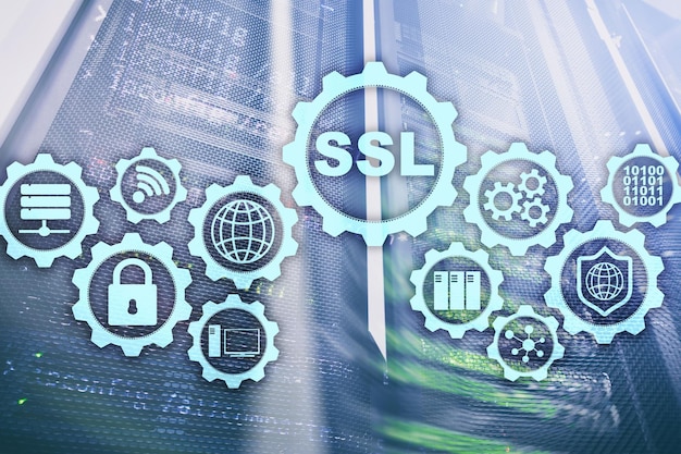 SSL Secure Sockets Layer concept Cryptographic protocols provide secured communications Server room background