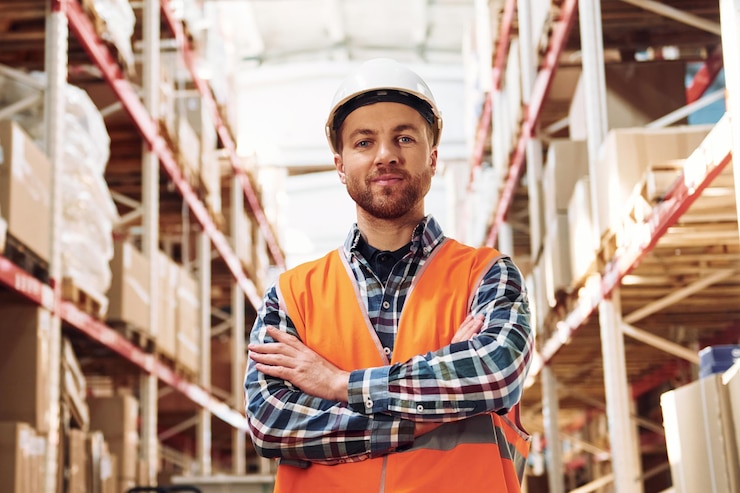 Fotoğraf standing with arms crossed employee in uniform is working in the storage at daytime