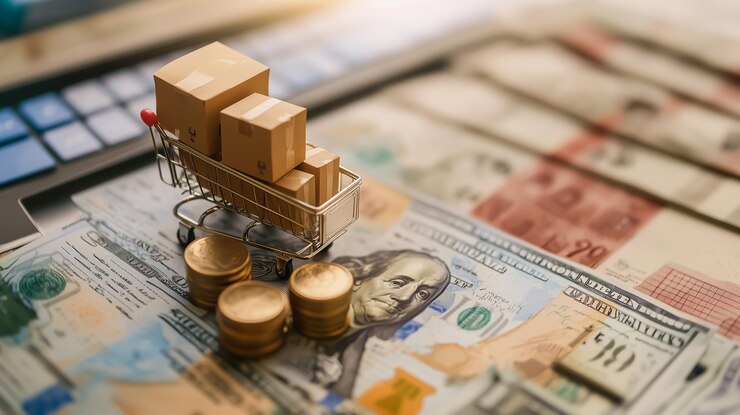 Still life of a small shopping cart spend the money
