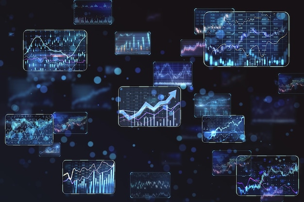 stock market and forex exchange concept with lots of digital screens with financial chart diagrams arrows and graphs on abstract dark background 3d rendering