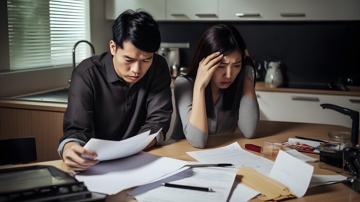 Stressed Asian young couple sitting at a kitchen table looking at a stack of bills and invoices