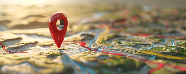 Sunlit red location pin marking a destination on a map