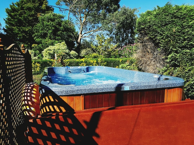 Swimming pool against trees during sunny day