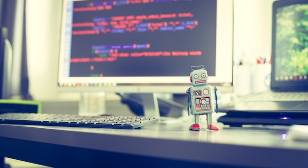 symbol for a chatbot or social bot and algorithms program code in the background