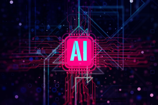 symbol of artificial intelligence technology with chip details on background machine learning concept 3d rendering