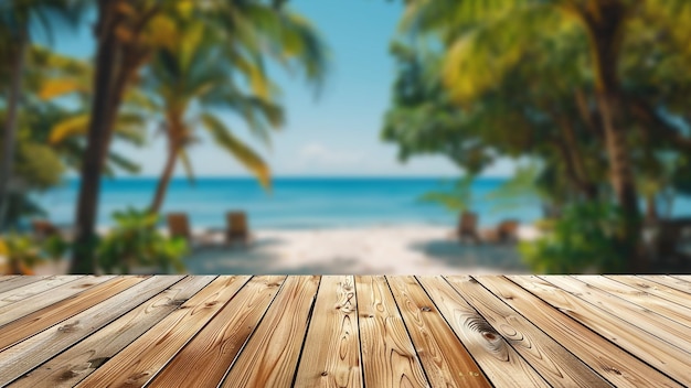 Table with summer beach background blur for product displays